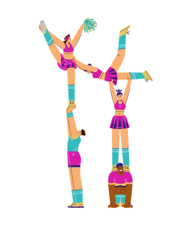 Cheerful sporty girls and boys dressed in costumes doing acrobatic exercises with pompom  Illustration