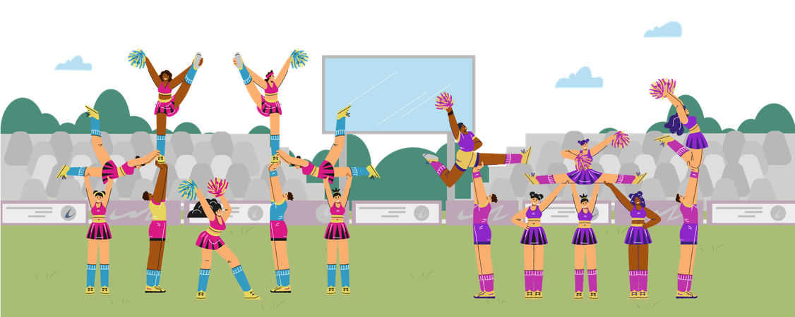 Cheerful sporty girls and boys in costumes dancing on grass with pompoms  Illustration
