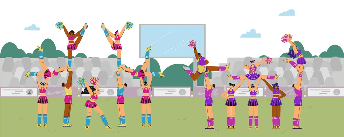 Cheerful sporty girls and boys in costumes dancing on grass with pompoms  Illustration