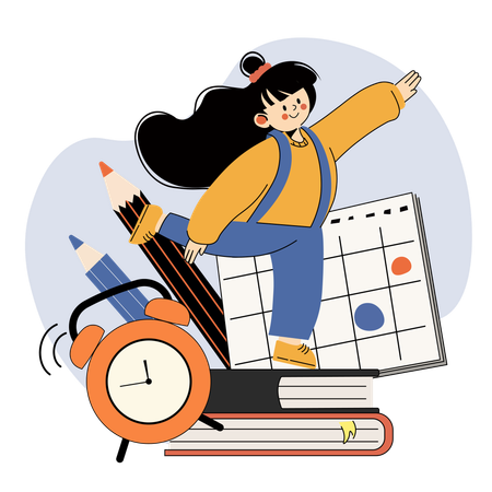 Cheerful Student Balancing on Books with School Supplies and Calendar  Illustration