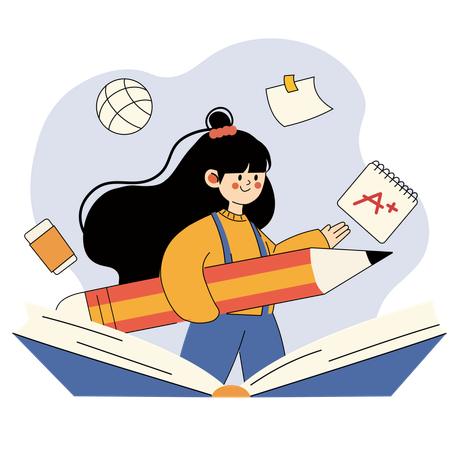 Cheerful Student with Giant Pencil and School Supplies  Illustration