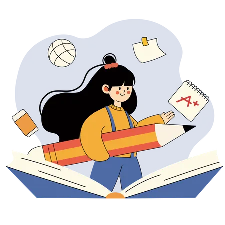 Cheerful Student with Giant Pencil and School Supplies  Illustration