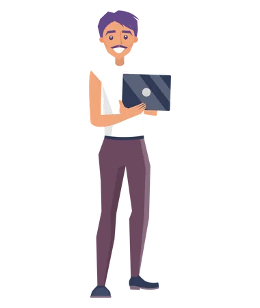 Cheerful Stylish Man Poster Vector Illustration Of Smiling Man With Lilac Hair And Trousers Holding Black Pc In Hands Isolated On White Background Illustration