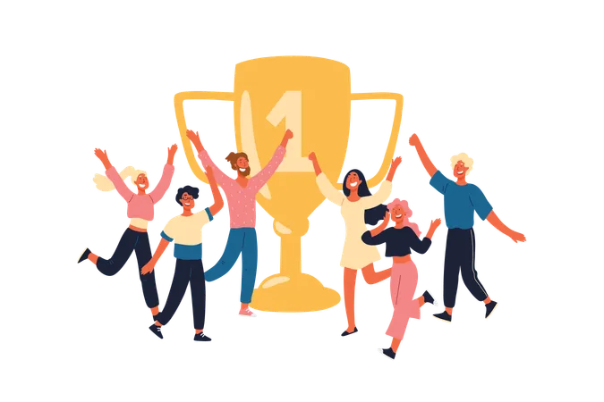 Winners With Golden Trophy Cheerful Team Members Happy With Prize Cup Champions Sportsmen With First Place Goblet Victory Successful People Concept Cartoon Sketch Flat Vector Illustration Illustration