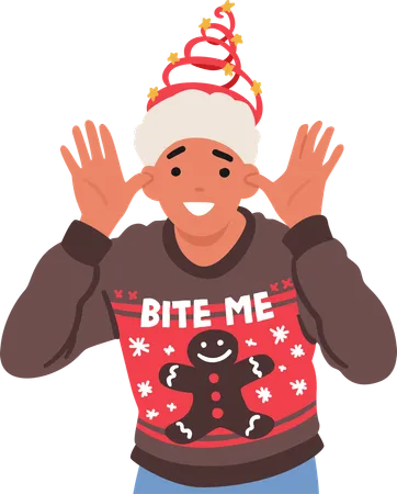 Cheerful Teen Boy In A Festive Christmas Sweater And Santa Claus Hat Radiates Holiday Spirit With A Warm Smile And Twinkling Eyes Happy Male Character Teasing Cartoon People Vector Illustration Illustration