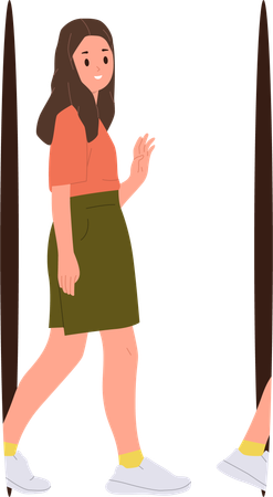 Cheerful teen girl walking through futuristic hole  Illustration