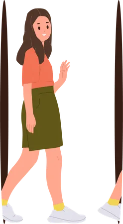 Cheerful teen girl walking through futuristic hole  Illustration