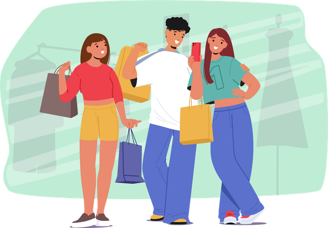 Cheerful teenage friends with shopping bags enjoying shopping together  Illustration