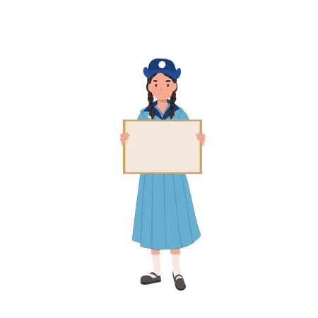 Cheerful Thai Girl Scout Holding Blank Board Space For Text Illustration