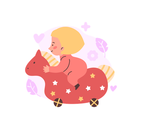 Cheerful toddler riding wooden horse  Illustration