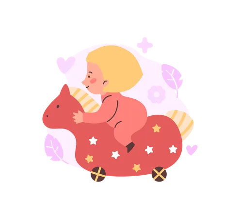 Cheerful toddler riding wooden horse  Illustration