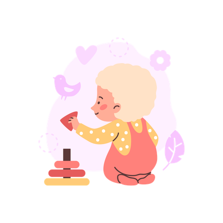 Cheerful toddler sitting collecting pyramid of colored rings  Illustration