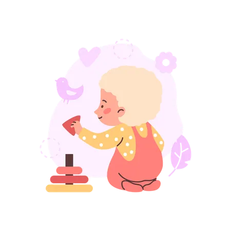 Cheerful toddler sitting collecting pyramid of colored rings  Illustration