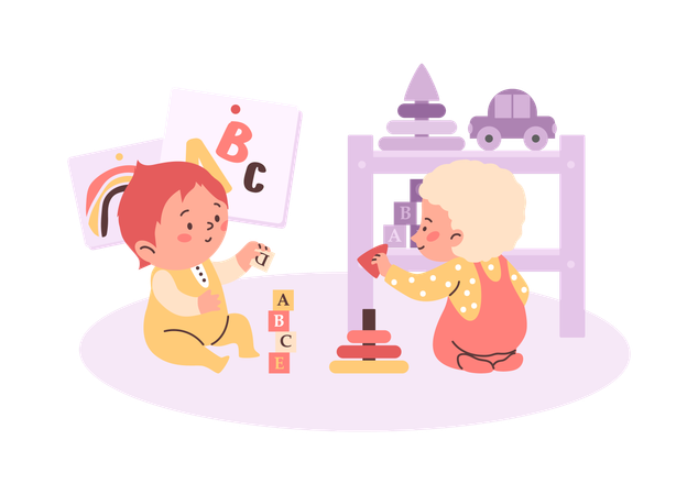 Cheerful toddlers sitting and collecting pyramid of coloured rings while baby playing alphabets toys  Illustration