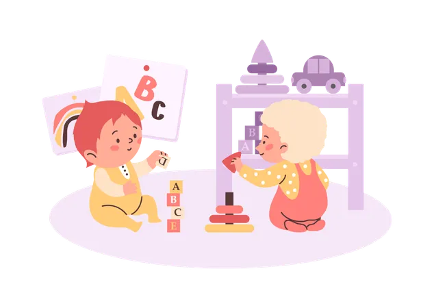Cheerful toddlers sitting and collecting pyramid of coloured rings while baby playing alphabets toys  Illustration
