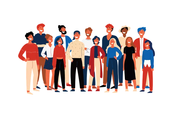 Confident People Student Society Members Cheerful Volunteers Standing Together Smiling Young Men Happy Activists Multiethnic Group Concept Cartoon Sketch Flat Vector Illustration Illustration