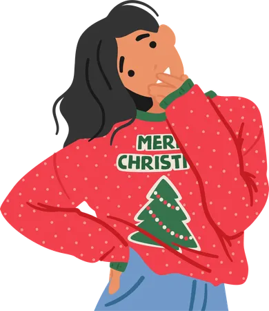 Cheerful Woman Dons A Cozy Christmas Sweater Adorned With Festive Tree and Patterns  Illustration