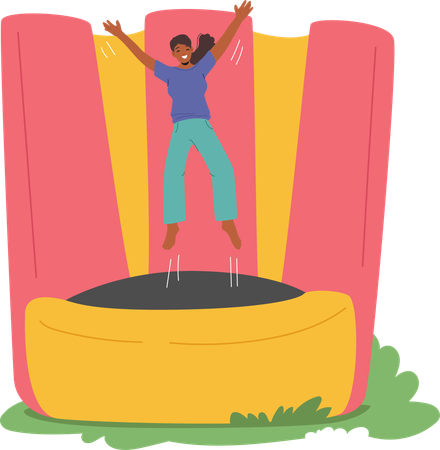 Cheerful Woman Enjoys Jumping On Colorful Trampoline In  Fun And Playful Environment  Illustration