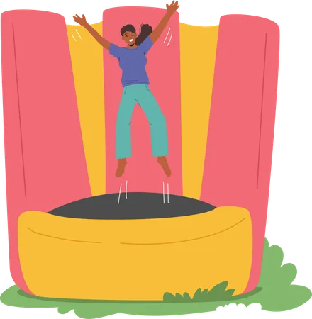 Cheerful Woman Enjoys Jumping On Colorful Trampoline In  Fun And Playful Environment  Illustration