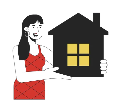 Cheerful Woman Holding Apartment Flat Line Color Vector Character Editable Outline Half Body Person With Real Estate Building On White Simple Cartoon Spot Illustration For Web Graphic Design Illustration
