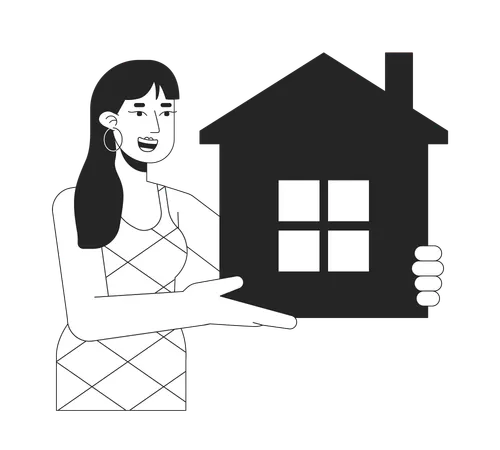 Cheerful Woman Holding Apartment Flat Line Black White Vector Character Editable Outline Half Body Person With Real Estate Building Simple Cartoon Isolated Spot Illustration For Web Graphic Design Illustration