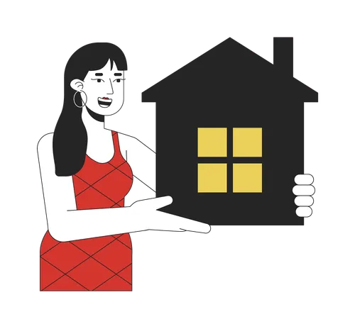 Cheerful woman holding apartment  Illustration