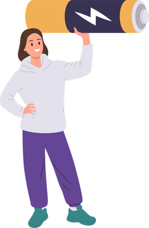 Cheerful woman holding battery accumulator  Illustration