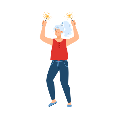 Cheerful woman holding sparklers in hands  Illustration