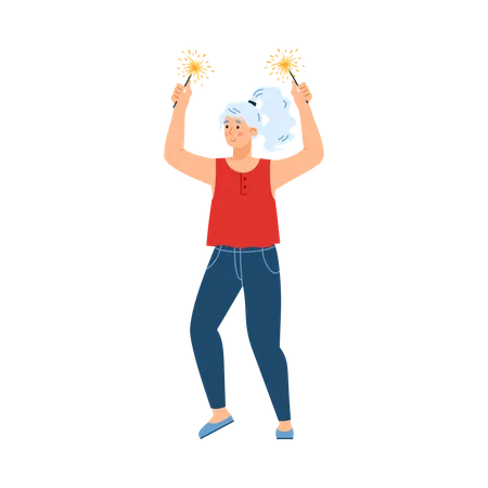 Cheerful woman holding sparklers in hands  Illustration