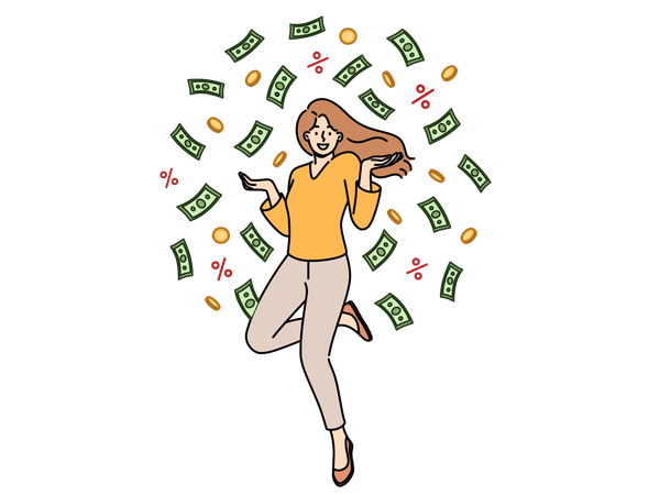 Cheerful woman jumps up standing among rain of money and celebrates receiving big salary  Illustration