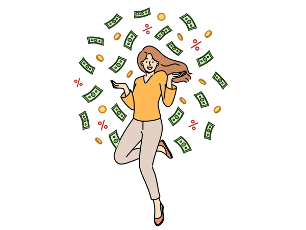 Cheerful woman jumps up standing among rain of money and celebrates receiving big salary  Illustration