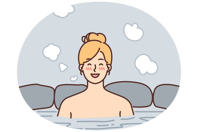 Cheerful woman relish spa treatments and hot beauty bath surrounded by natural stone  Illustration