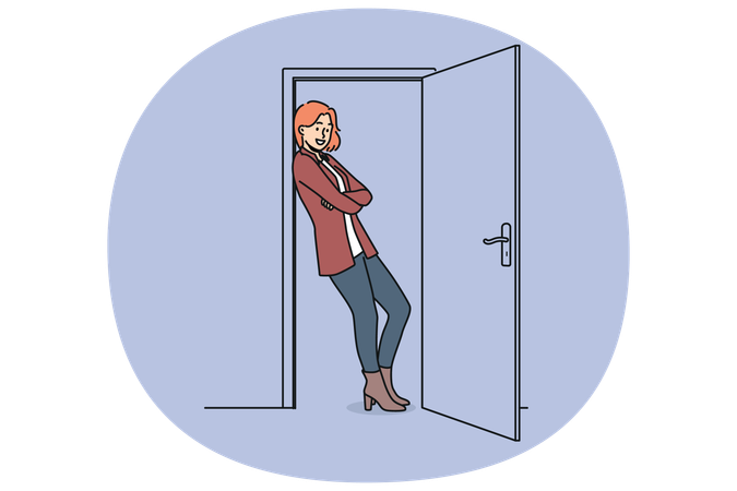 Cheerful woman standing in doorway with arms crossed and saying goodbye to guests  Illustration