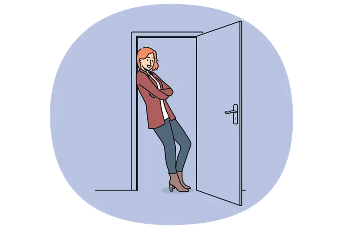 Cheerful woman standing in doorway with arms crossed and saying goodbye to guests  Illustration