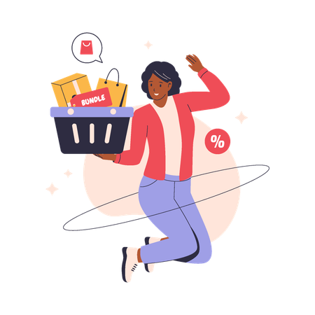 Cheerful woman with shopping basket  Illustration