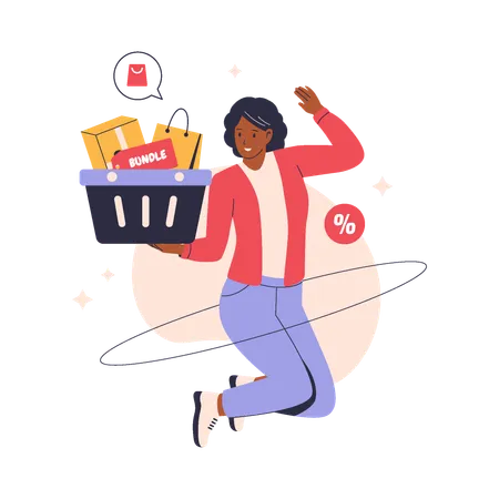 Cheerful woman with shopping basket  Illustration