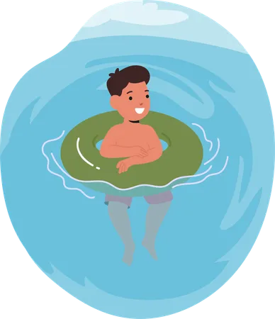 Cheerful Young Boy Floats In Swimming Pool  Illustration