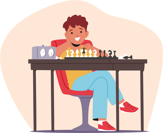 Cheerful Young Boy Playing Chess  Illustration