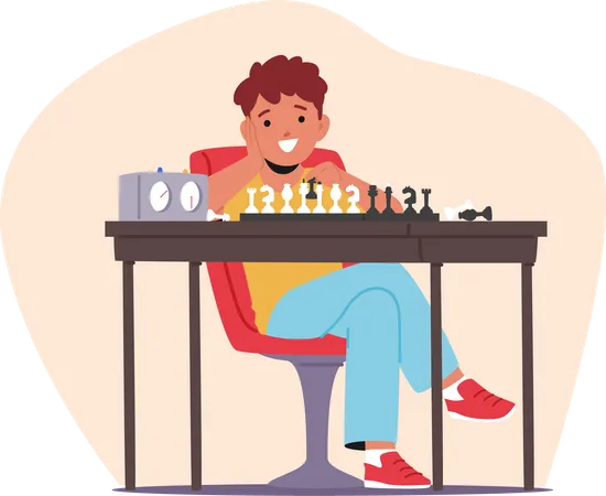 Cheerful Young Boy Playing Chess  Illustration