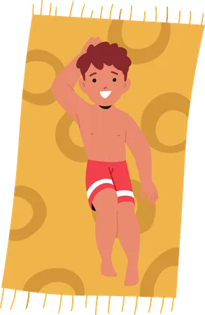 Cheerful Young Boy Relaxes On Beach Towel  Illustration