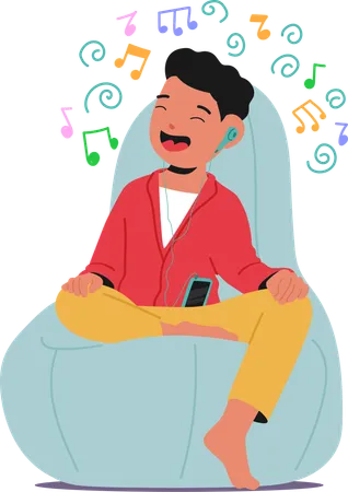 Cheerful Young Boy Wearing Headphones Enjoying Music While Sitting On Bean Bag  Illustration