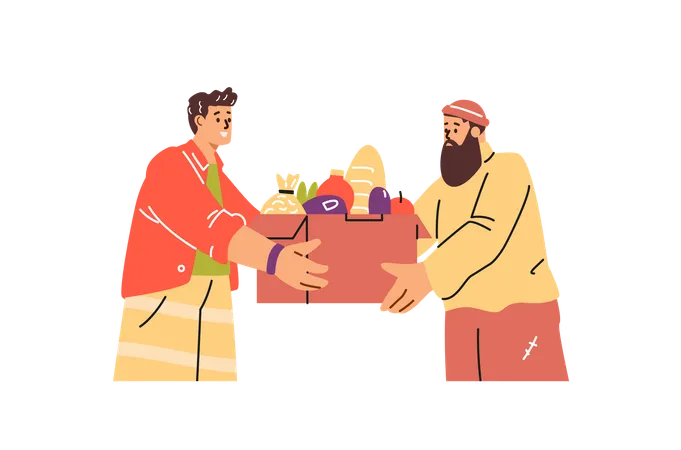 Cheerful young character giving a box of groceries to a bearded man  Illustration