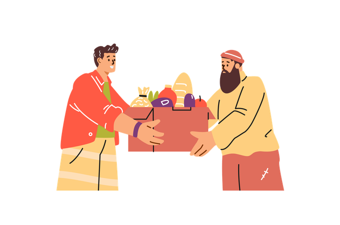 Cheerful young character giving a box of groceries to a bearded man  Illustration