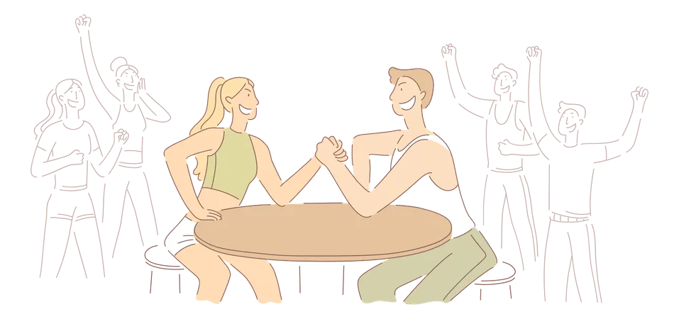 Cheerful Young Girl And Guy Do Arm Wrestling