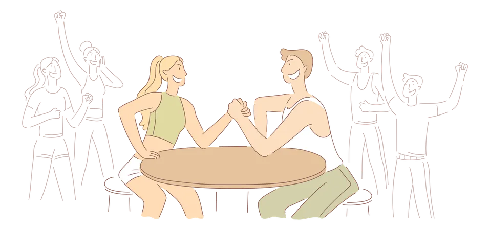 Cheerful Young Girl And Guy Do Arm Wrestling  Illustration