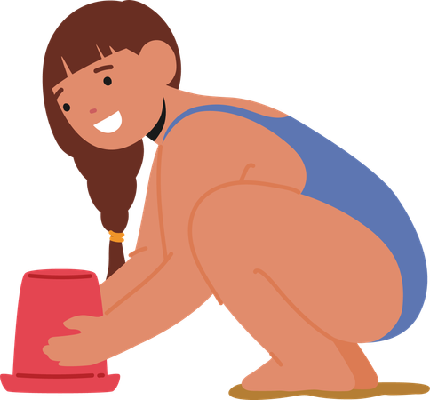 Cheerful Young Girl Building Sandcastle On Beach  Illustration