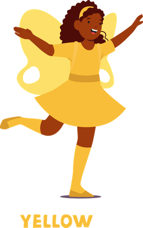 Cheerful Young Girl Dressed as  Yellow Fairy with Large Wings Expressing Joy and Happiness  Illustration