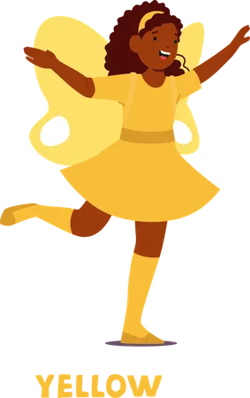 Cheerful Young Girl Dressed as  Yellow Fairy with Large Wings Expressing Joy and Happiness  Illustration