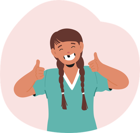 Cheerful Young Girl Showing Off Missing Milk Tooth And Giving Thumbs Up  Illustration