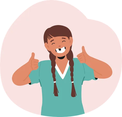 Cheerful Young Girl Showing Off Missing Milk Tooth And Giving Thumbs Up  Illustration